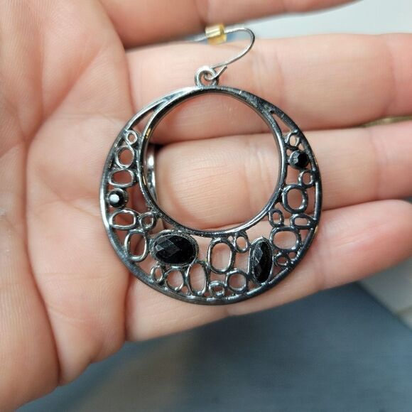 Earrings Pierced Drop Hoops Silver Tone Black Gems - Picture 2 of 5